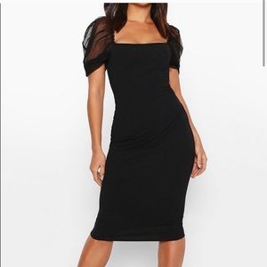 Boohoo Black midi dress with mesh sleeves